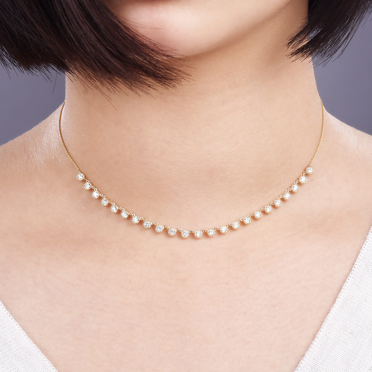 18 inch 14K Yellow Gold Round Diamond Station Necklace