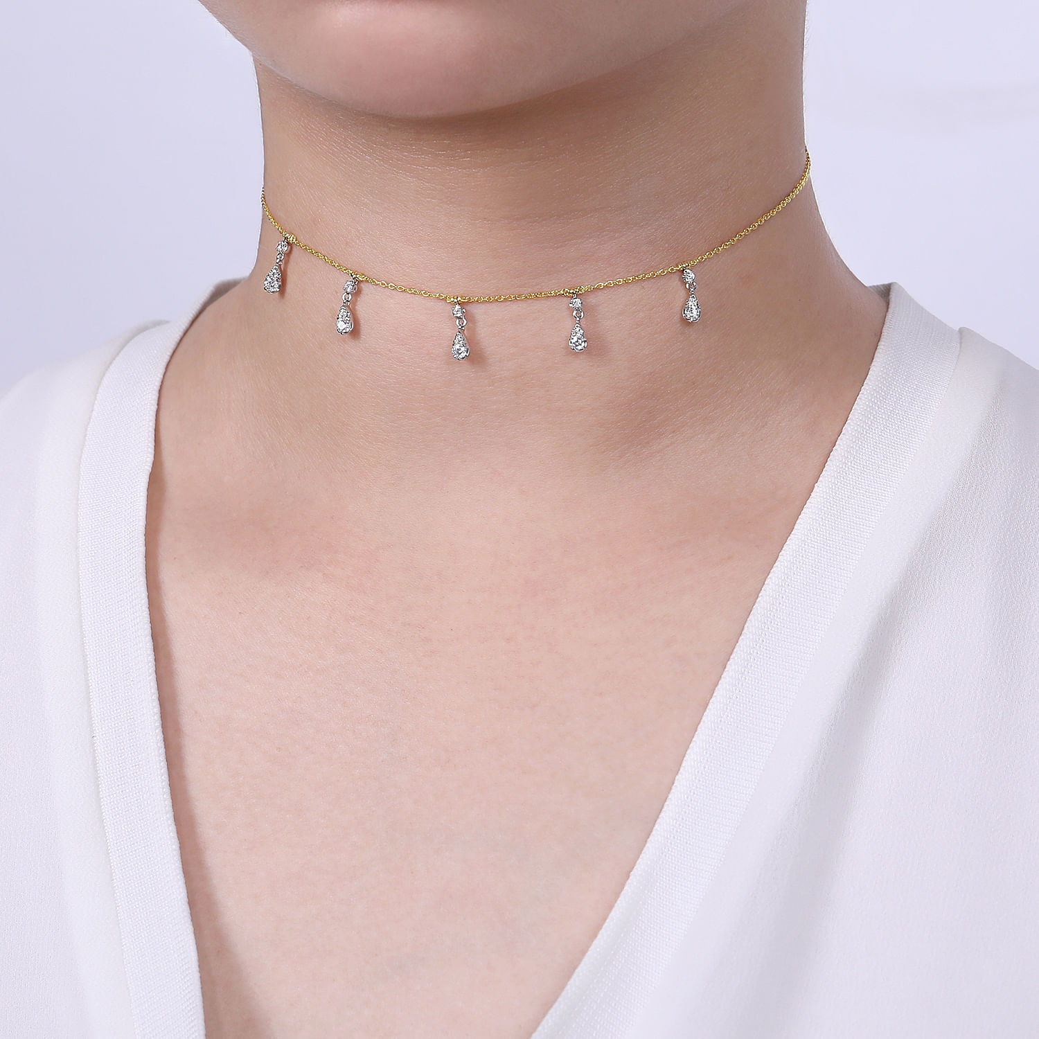18 inch 14K Yellow White Gold Pear Shaped Diamond Station Choker Necklace