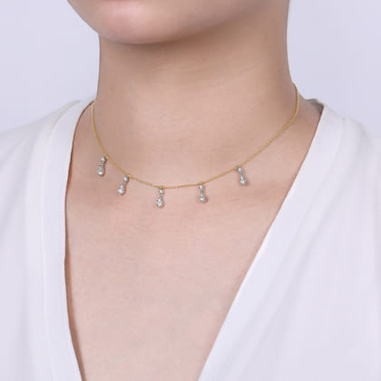 18 inch 14K Yellow White Gold Pear Shaped Diamond Station Choker Necklace