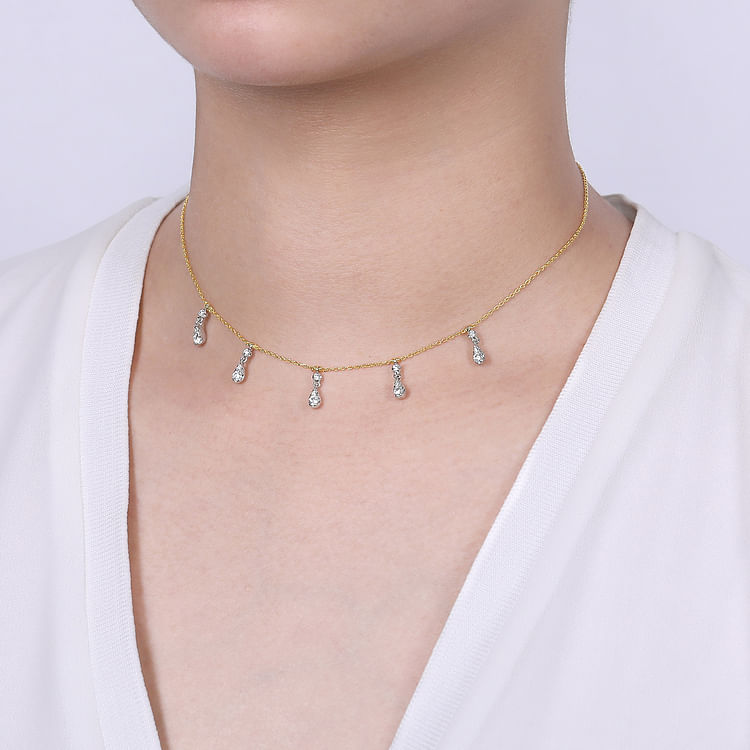 18 inch 14K Yellow White Gold Pear Shaped Diamond Station Choker Necklace