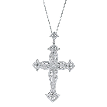 18 inch 18K White Gold Ornate Diamond Cross Pendant Necklace