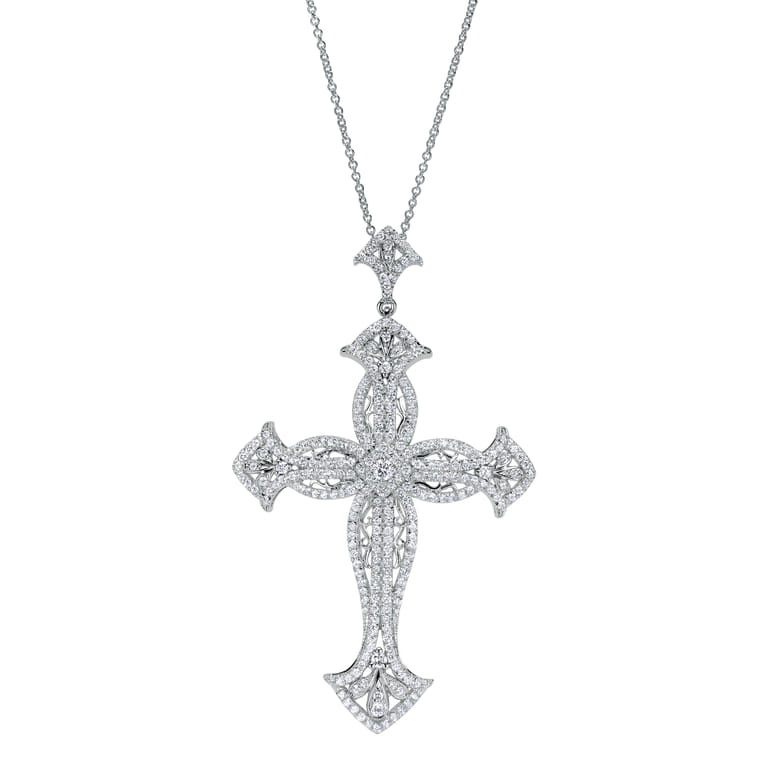 18 inch 18K White Gold Ornate Diamond Cross Pendant Necklace - 1.59 ct - Shot 1