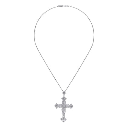 18 inch 18K White Gold Ornate Diamond Cross Pendant Necklace