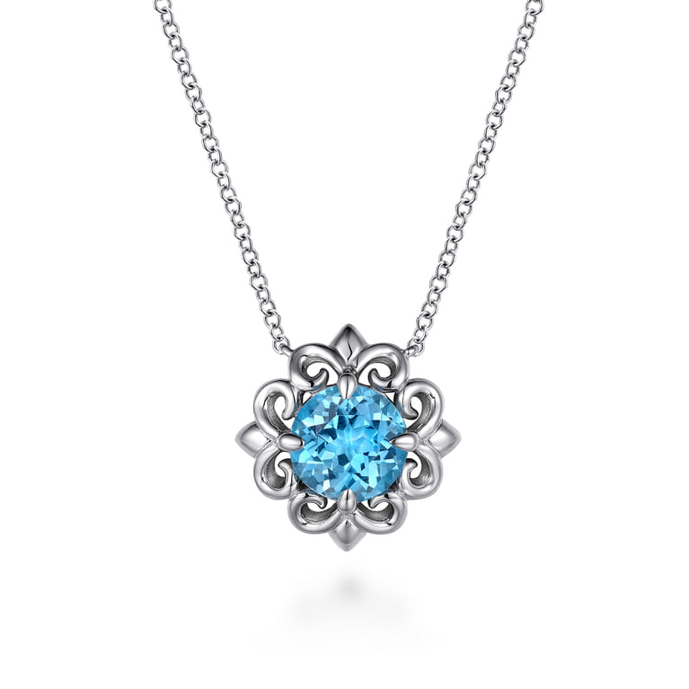 18 inch 925 Sterling Silver Blue Topaz Flower Pendant Necklace - Shot 1