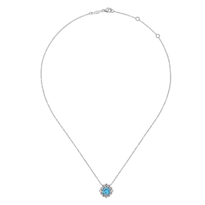 18 inch 925 Sterling Silver Blue Topaz Flower Pendant Necklace