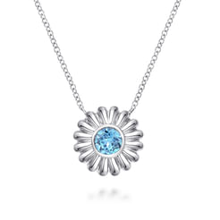 18 inch 925 Sterling Silver Floral Bezel Set Round Blue Topaz Necklace
