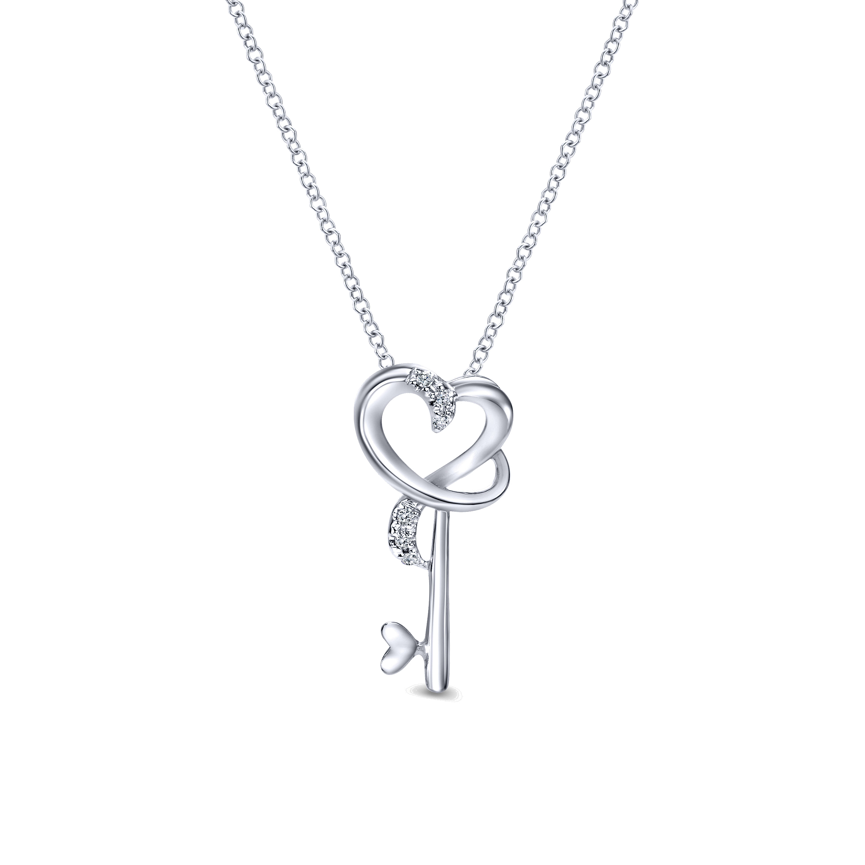 18 inch 925 Sterling Silver Heart Key Pendant Necklace with
