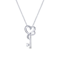 18 inch 925 Sterling Silver Heart Key Pendant Necklace with Diamonds