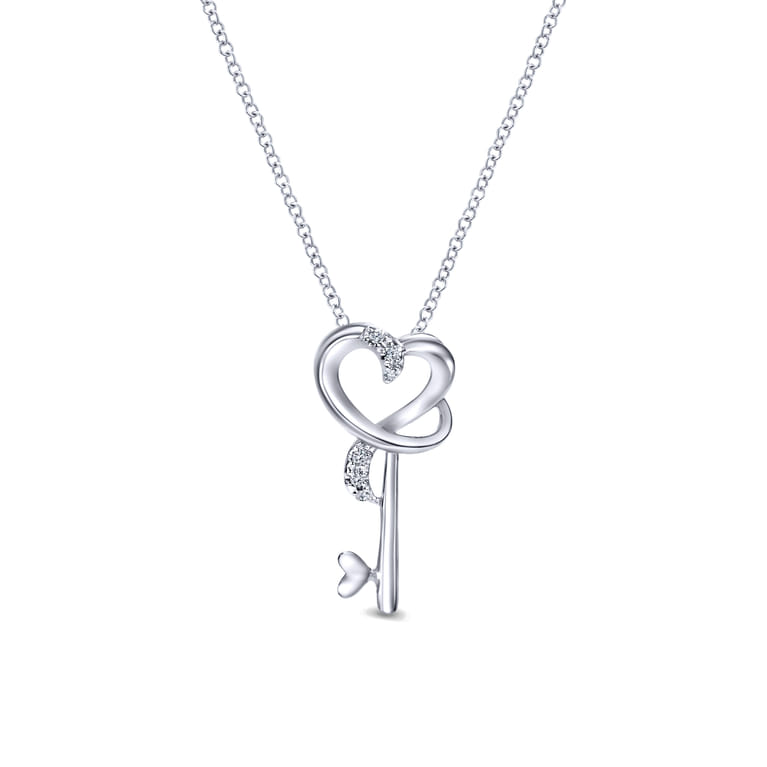 18 inch 925 Sterling Silver Heart Key Pendant Necklace with Diamonds - 0.03 ct - Shot 1