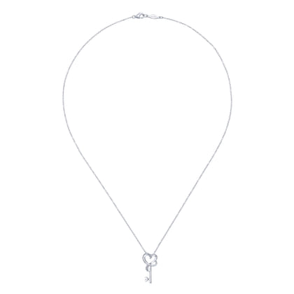 18 inch 925 Sterling Silver Heart Key Pendant Necklace with Diamonds