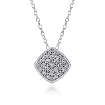 18 inch 925 Sterling Silver Pave Diamond Cushion Shape Pendant Necklace