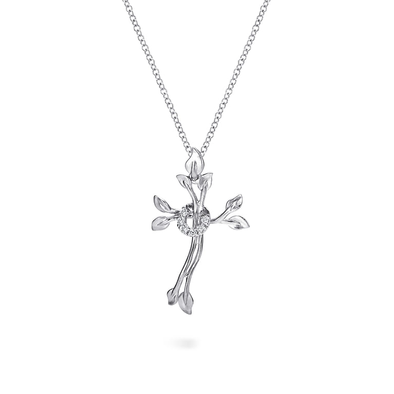 18 inch 925 Sterling Silver Twisted Wreath Cross Pendant with Diamond and Leaf Accents - 0.06 ct - Shot 1