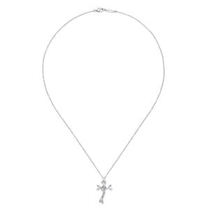 18 inch 925 Sterling Silver Twisted Wreath Cross Pendant with Diamond and Leaf Accents