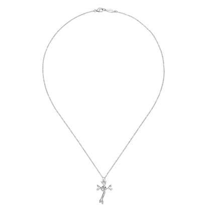 18 inch 925 Sterling Silver Twisted Wreath Cross Pendant with Diamond and Leaf Accents
