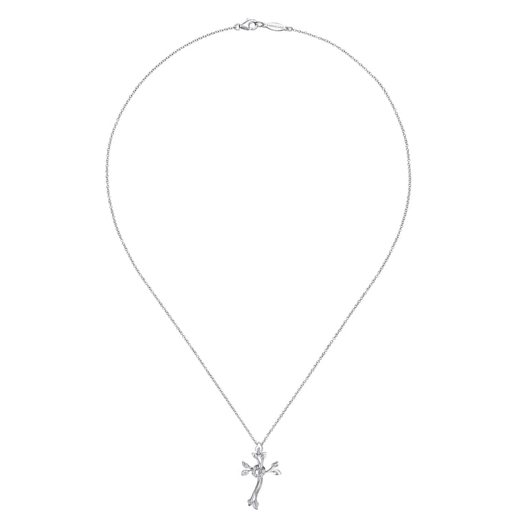 18 inch 925 Sterling Silver Twisted Wreath Cross Pendant with Diamond and Leaf Accents - 0.06 ct - Shot 2