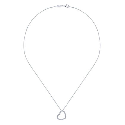 18 inch Tilted 14K White Gold Open Heart Diamond Pendant Necklace