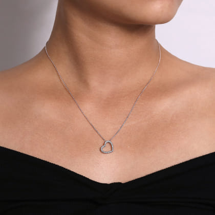 18 inch Tilted 14K White Gold Open Heart Diamond Pendant Necklace