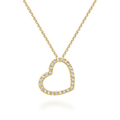 18 inch Tilted 14K Yellow Gold Open Heart Diamond Pendant Necklace