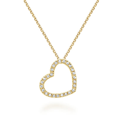 18 inch Tilted 14K Yellow Gold Open Heart Diamond Pendant Necklace
