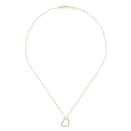 18 inch Tilted 14K Yellow Gold Open Heart Diamond Pendant Necklace