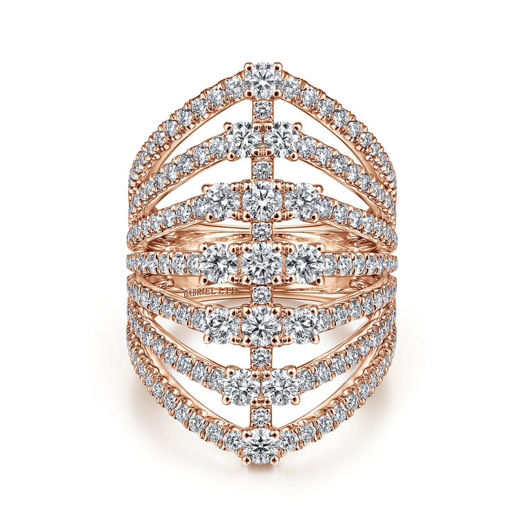 18K Rose Gold Layered Diamond Fan Wide Band Ring - 2.6 ct - Shot 1