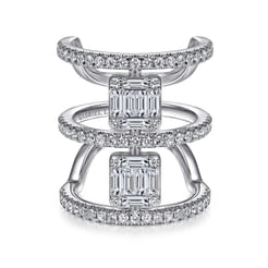 18K White Gold Baguette and Round Diamond Wide Three Row Ring