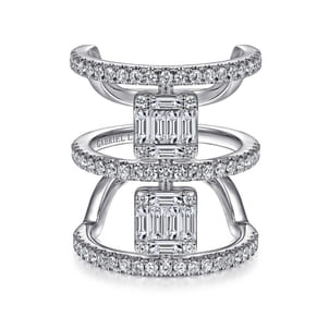 18K White Gold Baguette and Round Diamond Wide Three Row Ring