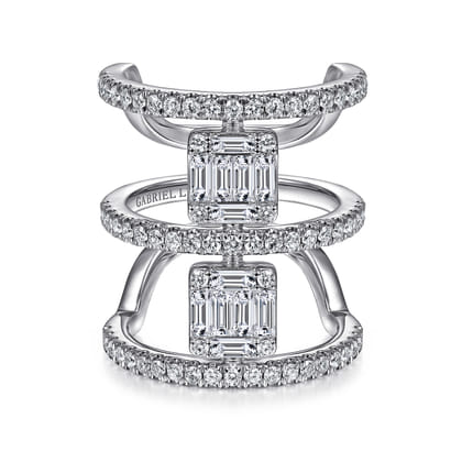 18K White Gold Baguette and Round Diamond Wide Three Row Ring
