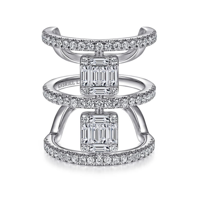 18K White Gold Baguette and Round Diamond Wide Three Row Ring - 1.69 ct - Shot 1