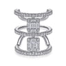 18K White Gold Baguette and Round Diamond Wide Three Row Ring - 1.69 ct