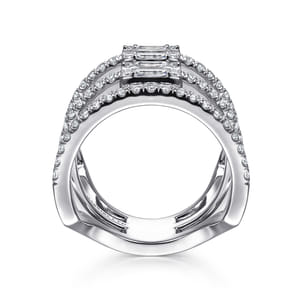 18K White Gold Baguette and Round Diamond Wide Three Row Ring