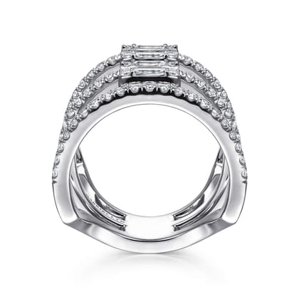 18K White Gold Baguette and Round Diamond Wide Three Row Ring