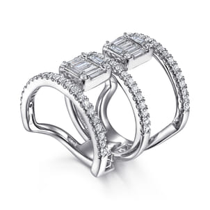 18K White Gold Baguette and Round Diamond Wide Three Row Ring