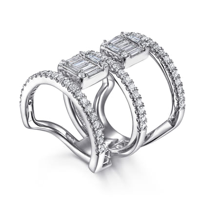 18K White Gold Baguette and Round Diamond Wide Three Row Ring