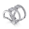 18K White Gold Baguette and Round Diamond Wide Three Row Ring - 1.69 ct