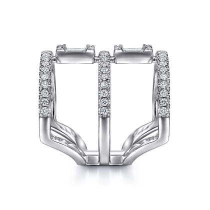 18K White Gold Baguette and Round Diamond Wide Three Row Ring