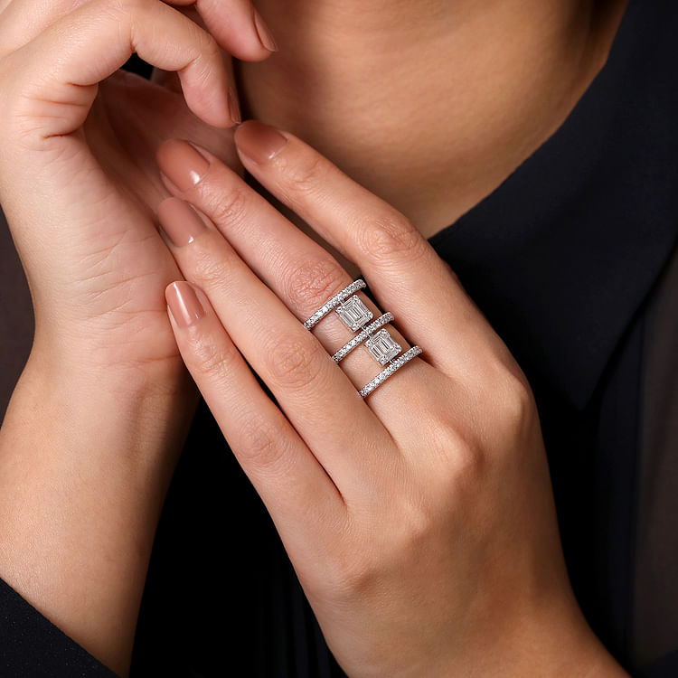 18K White Gold Baguette and Round Diamond Wide Three Row Ring