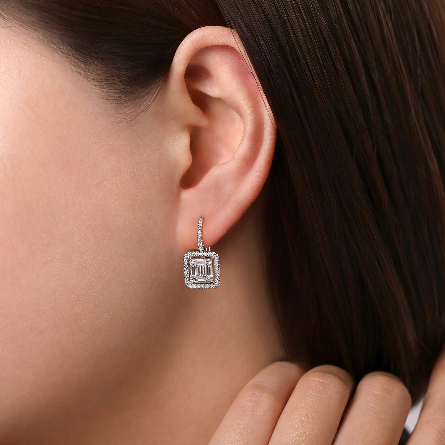 18K White Gold Baguette and Round Leverback Earrings - 1.3 ct - Shot 2
