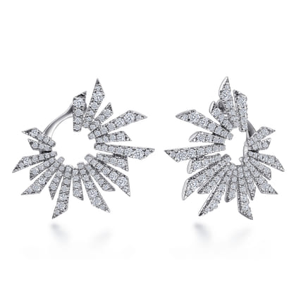18K White Gold Bursting Diamond Open Circle Bypass Earrings