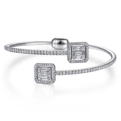 18K White Gold Bypass Bangle with Baguette and Round Diamonds