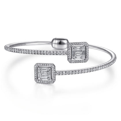18K White Gold Bypass Bangle with Baguette and Round Diamonds
