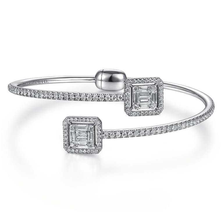 18K White Gold Bypass Bangle with Baguette and Round Diamonds - 2.05 ct - Shot 1