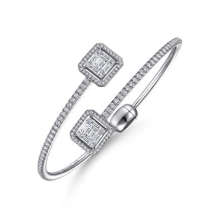 18K White Gold Bypass Bangle with Baguette and Round Diamonds