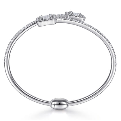 18K White Gold Bypass Bangle with Baguette and Round Diamonds