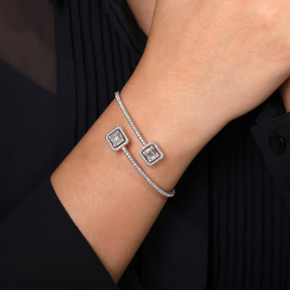 18K White Gold Bypass Bangle with Baguette and Round Diamonds