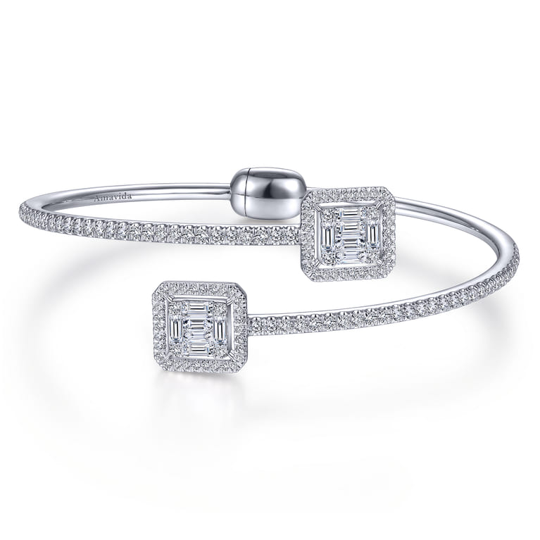 18K White Gold Bypass Bangle with Baguette and Round Diamonds - 2.05 ct - Shot 1