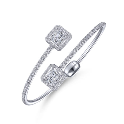 18K White Gold Bypass Bangle with Baguette and Round Diamonds