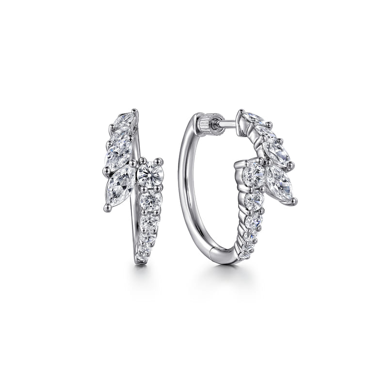 18K White Gold Bypass Diamond Hoop Earrings - 1.6 ct - Shot 1