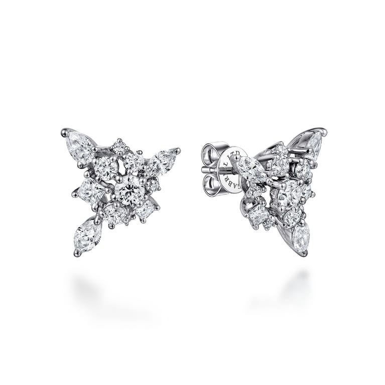 18K White Gold Cluster Diamond Stud Earrings - 1.85 ct - Shot 1