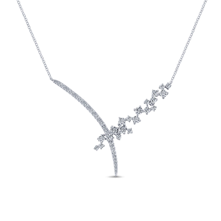 18K White Gold Criss Crossing Diamond Cluster Lariat Necklace - 1.25 ct - Shot 1